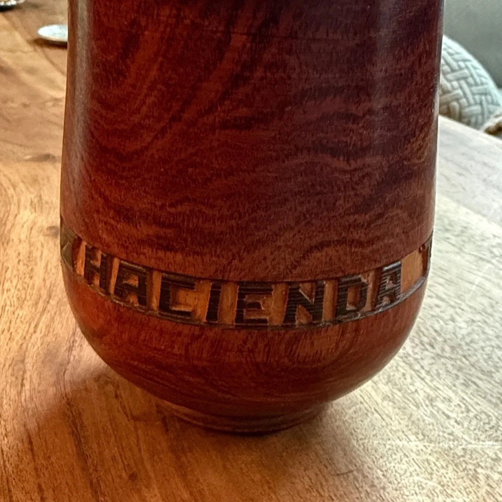 Carved Wooden Lidded Jar with Inlay Detail - Rich Mahogany Tone